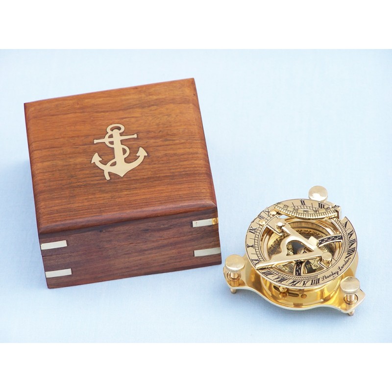 ANTIQUECOLLECTION Solid Brass Round Sundial Compass with Rosewood Box Brass 