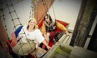 Awilda and McTavish head to sea in the Shady Isle Pirates' mini-brig Liberte.