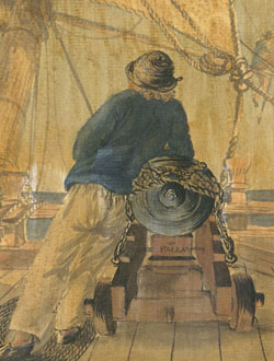 Sailor with monmoth cap leaning on cannon circa 1775